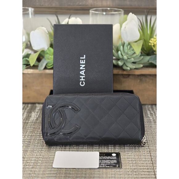 CHANEL CC Cambon Long Zipper Bifold Wallet Patent Leather Black SHW - Picture 1 of 13